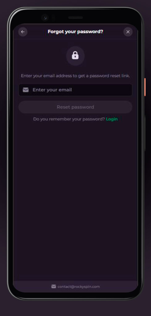 reset password in app rockyspin casino